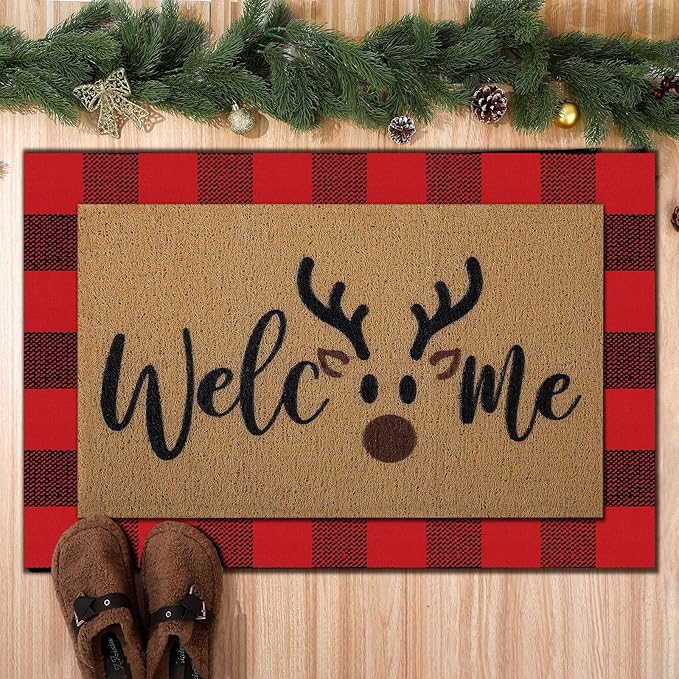 Tinideya 2 Pcs Door Mat Welcome Non Slip Coir Mats Floor Layering Doormats Seasonal for Front Porch Entryway Decor(Brown Elk)