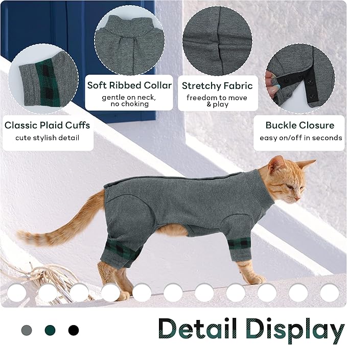 PUMYPOREITY Cat Pajamas, Stretchy 4-Leg Design with Back Buckles for Easy On/Off, Soft Cat Recovery Suit Reduce Wound Licking After Surgery, Kitten Onesie - Machine Washable, XS, Grey