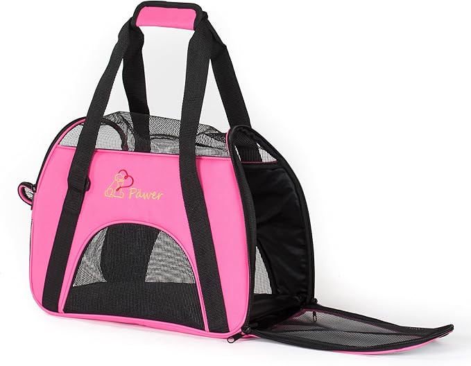 Pawer Soft-Sided Pet Carrier for Cat and Small Dog,Hot Pink Color,Medium Size,Washable Cloth Airline Approved Travel Tote,with 2 Mesh Opens and a Strap for Carry,Multiple Colors Available