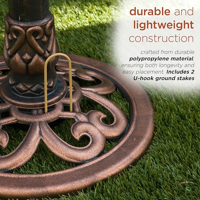 Alpine Corporation | 28" Bronze Outdoor Pedestal Birdbath with Scrollwork Base and Ground Stakes — Elegant Garden Décor, Durable Weather-Resistant Design for Lawn, Patio, or Yard