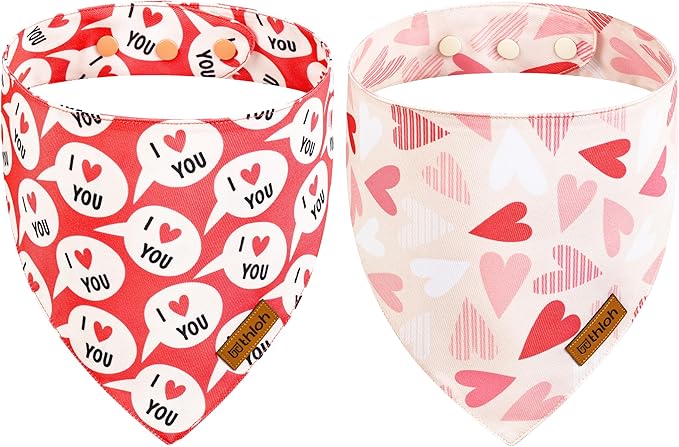 Valentines Dog Bandanas with Snap Button - 2 Pack Reversible Heart Dog Scarf for Boy & Girl, Premium Durable Fabric, Pet Bandana for Medium and Large Dogs (Large)