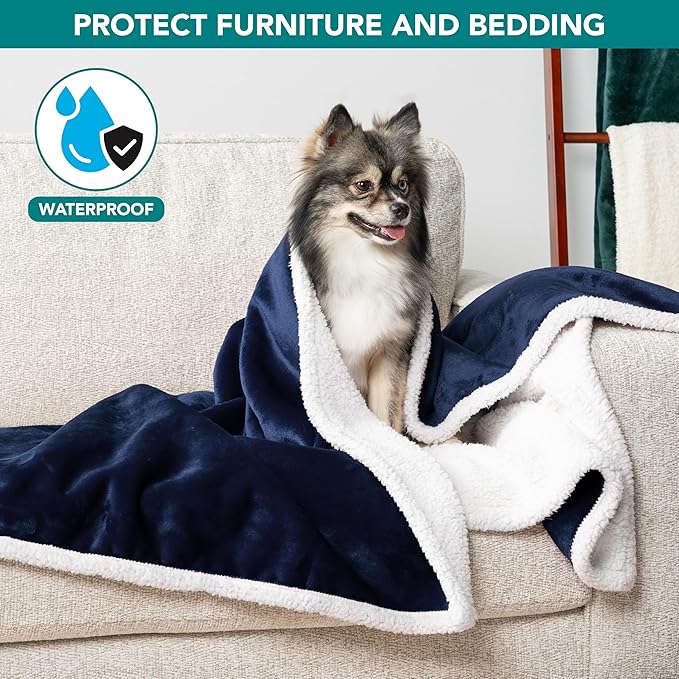 PetAmi Waterproof Dog Blanket for Small Medium Dog Puppy Cat Throw for Couch Cover Leakproof Protection, Sherpa Fleece, Reversible Soft Washable 29x40 Navy Blue