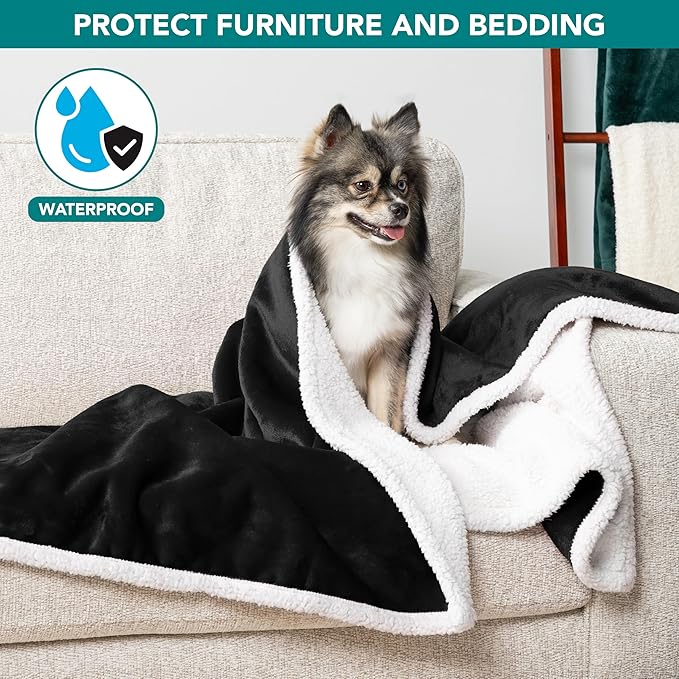 PetAmi Waterproof Dog Blanket for Small Medium Dog Puppy Cat Throw for Couch Cover Leakproof Protection, Sherpa Fleece, Reversible Soft Washable 29x40 Black
