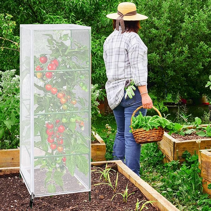 3 Pcs Garden Bird Netting Plant Cover for Square Tomato Cage, 59" x 17.7" Insect Bird Barrier Tomato Cage Net with Zipper & Drawstring, Tomato Trellis Netting Protection Cover for Protecting Plants