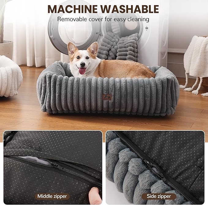 Washable Dog Bed for Small Medium Dogs - Rectangle Orthopedic Corduroy Fleece Pet Bed with Removable Cover and Nonskid Bottom, Calming Puppy Bed Soft Pet Sofa, Grey(30x24x8inchs)