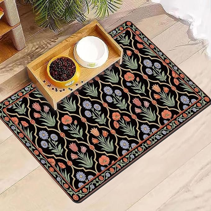 Pet Feeding Mat 24 x 16 Inch, Black Floral Pet Placemat Absorbent Quick-Dry for Food and Water, Waterproof Non Slip Rubber Bowl Pad Mat for Floors
