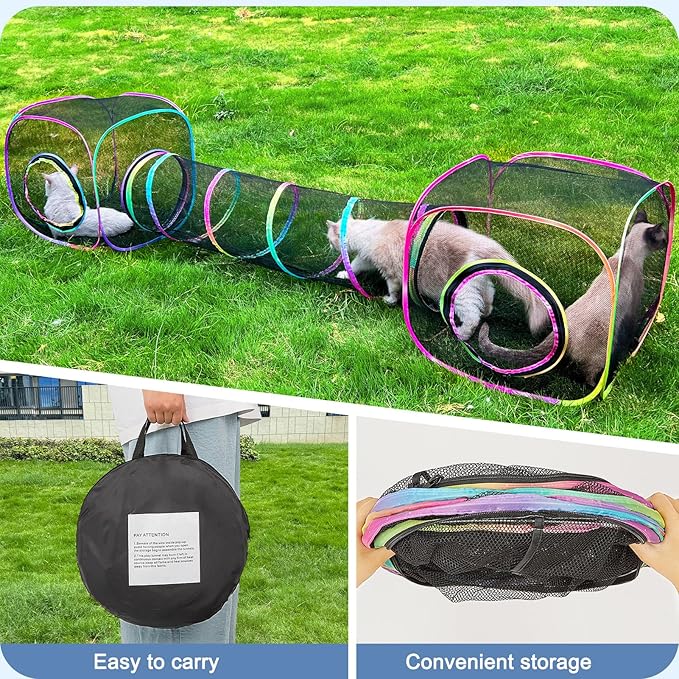 Outdoor Cat Enclosures Portable Cats Tunnel with Carry Bag Breathable Kitty Tent Outdoor with 2 Mouse Toys Outside Cat Enclosure for Indoor Cats (2 Cubes + Run Tunnel)