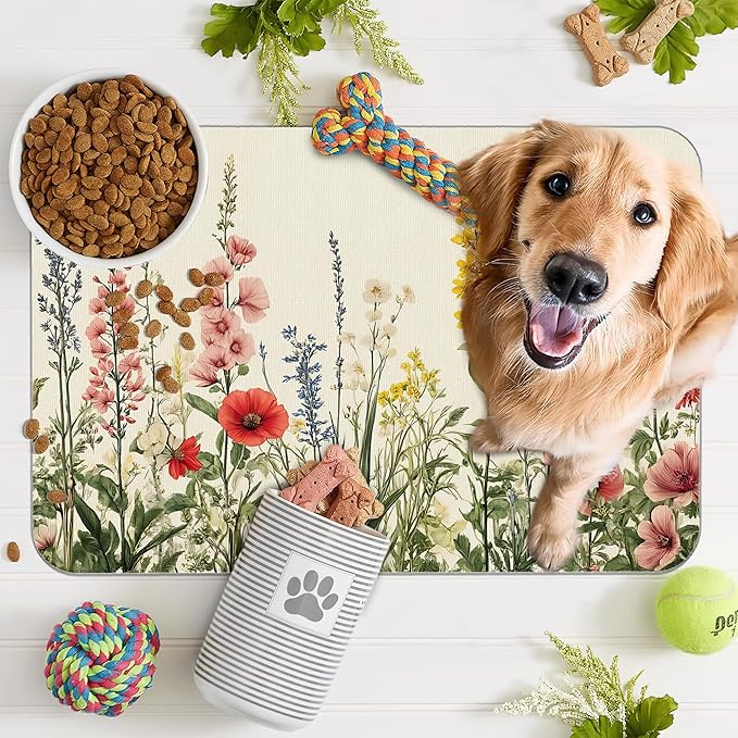 Vintage Flower Botanical Garden Dog Cat Food Mat,Absorbent Pet Feeding Mat for Food and Water,Non-Slip Dog Bowl Mats Floor Protector 12"x20"