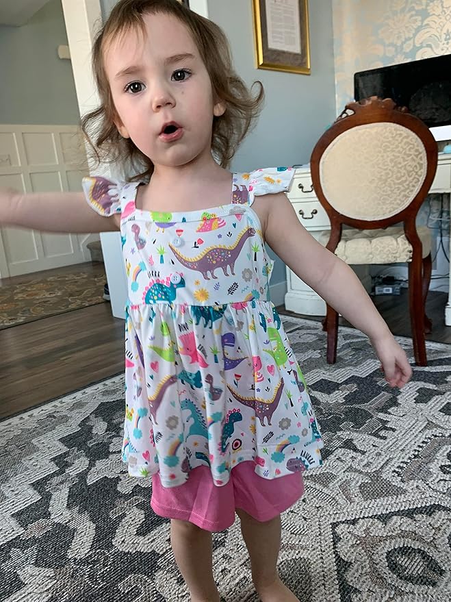 Toddler Baby Girls Summer Clothes Outfits Ruffled Sleeve Dinosaur Shirt Leopard Tops and Shorts Pants Sets 2PCS