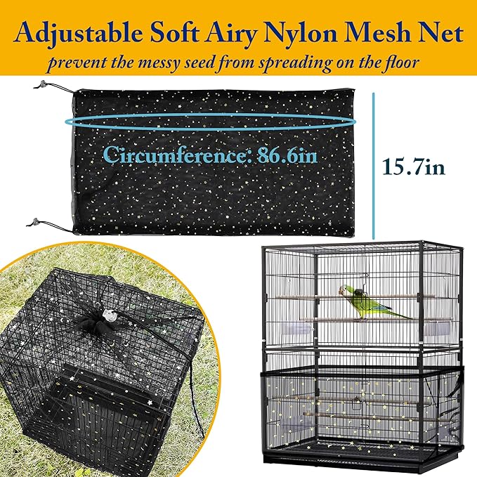 Universal Bird Cage Cover,Pet Cage Cover,100% Shading Oxford Cloth with PU Coating Layer,Good Night for Small Animals,Adjustable Soft Airy Nylon Mesh Net for Round Square Cages (Black, 31.5×21×47in)