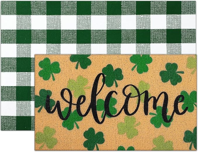 Tinideya 2 Pcs St. Patrick Day Door Mat Welcome Non Slip Coir Mats Clover Pattern Green White Plaid Floor Layering Doormats Seasonal for Front Porch Entryway Decor(st Patrick's Day)