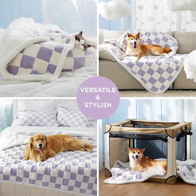 LE SURE Waterproof Dog Blanket for Large Dogs - Washable Double Sided Dog Blankets with Warm Jacquard Shag and Soft Sherpa Fleece, Pet Cat Blanket for Couch Protection, 3D Textured Checks, Purple