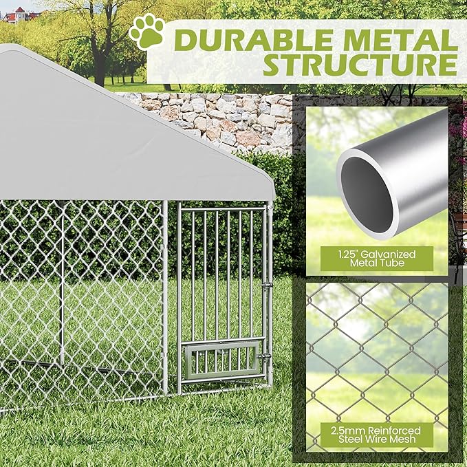 13FT x 13FT Outdoor Dog Kennel with Roof, Outside Dog Run Fence with Rotated Dog Bowls, Large Dog House Pen Enclosure with Secure Lock&Textilene Door