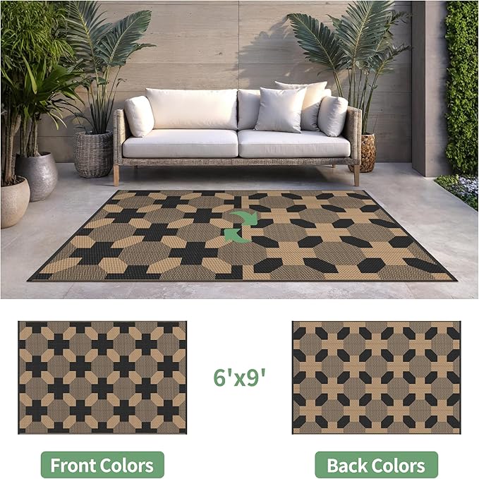 GENIMO Outdoor Rug for Patio Clearance, 6'x9' Reversible Geometric Plastic Straw Rugs, Lightweight Waterproof RV Camping Mat for Camper, Balcony, Deck, Backyard, Picnic, Black Brown