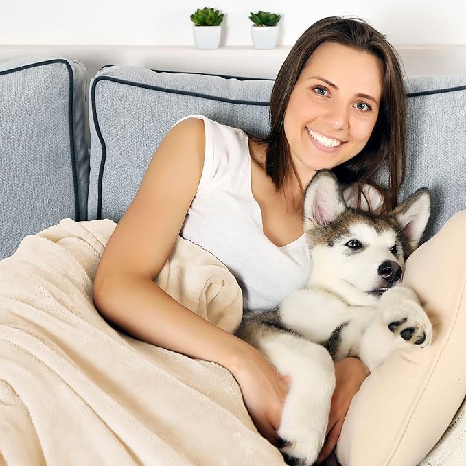 Waterproof Pet Blanket - 50x60-Inch Reversible Sherpa Fleece Throw Protects Couches, Cars, and Beds from Spills, Stains, and Fur by PETMAKER (Cream)
