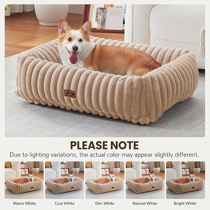 Washable Dog Bed for Small Medium Dogs - Rectangle Orthopedic Corduroy Fleece Pet Bed with Removable Cover and Nonskid Bottom, Calming Puppy Bed Soft Pet Sofa, Camel(35x25x9inchs)
