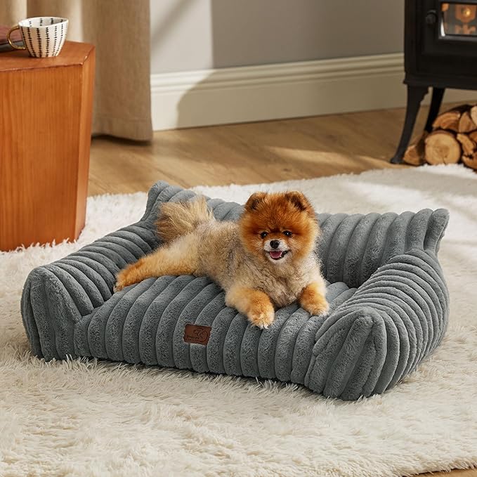 Bedsure ComfyFleece™ Cute Cat Couch for Pets - As Seen on TV on Good Day New York, Small Medium Dog Bed, Supportive Couch Bed for Small Dogs, 30 Inch, Warm Grey