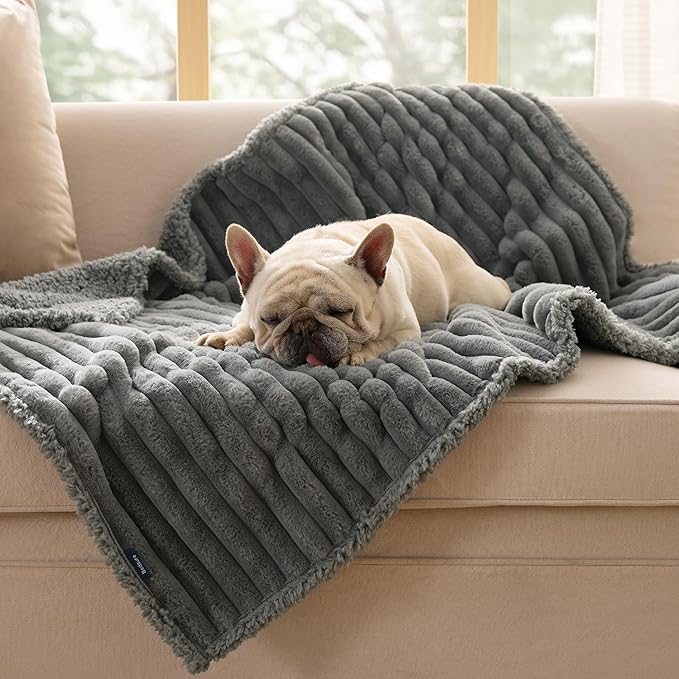 Bedsure ComfyFleece™ Waterproof Dog Blankets for Medium Dogs - Soft Puppy Cat Blanket Corduroy Fleece Washable, Cozy Calming Reversible Furniture Protection for Pet Kitten Doggy,30"x40", Warm Grey