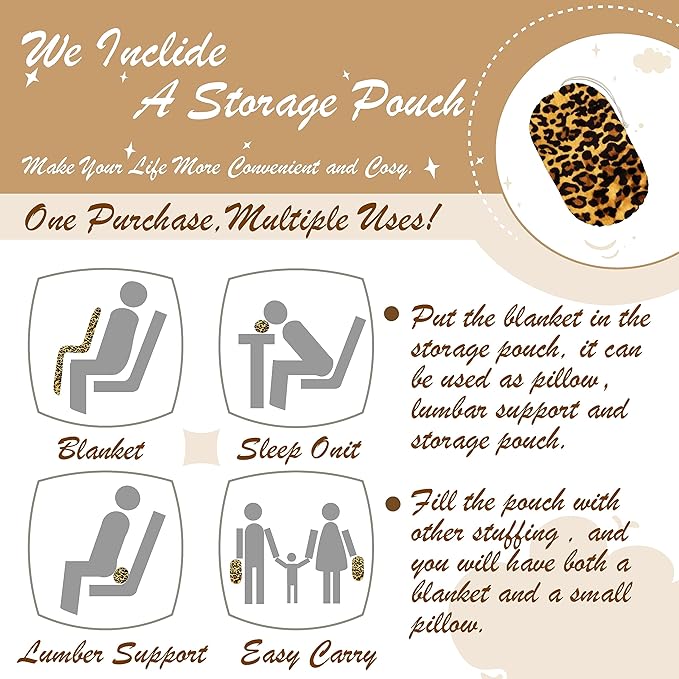 Bnuitland Leopard Print Flannel Twin Size Blanket with Storage Pouch for Bed Sofa Couch Travel, 300 GSM Double Sided Super Soft Fuzzy Fluffy Cheetah Print Blanket for Adults and Kids, 60x80 inch