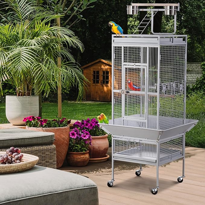 Nova Microdermabrasion 61 Inches Large Bird Cage Play Top Parrot Cockatiel Parakeet Chinchilla Macaw Cockatoo Cage W/Stand Perch Pet Supplies, White