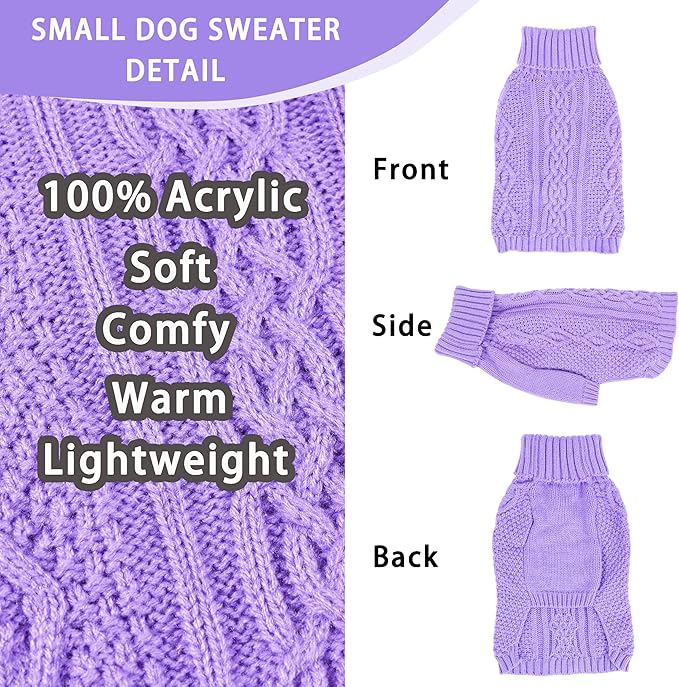 Dog Sweaters for Small Dogs Knit Puppy Sweater Fall Winter Dog Clothes Warm Sleeveless Chihuahua Clothes Doggy Turtleneck Pullover Sweater Solid Twisted Pet Cat Outfit(Purple, X-Small)