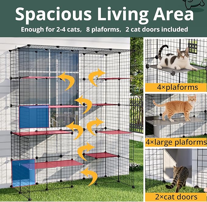 Oneluck 69 Inch Catio Outdoor Cat Enclosure with Super Large Enter Door, Balcony Cat Playpen with Platforms,DIY Outside Cat Patio Large Exercise Place Ideal for 1-4 Cats