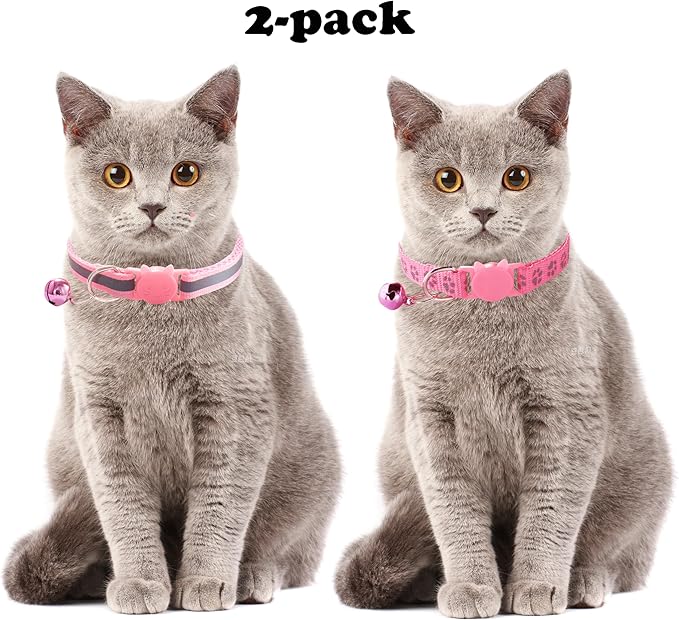 Pink Cat Collars with Bells, [2 Pack] Break Away Cat Collar with Bells, Reflective Kitten Collar Breakaway for Boy Pet Cats Kitty