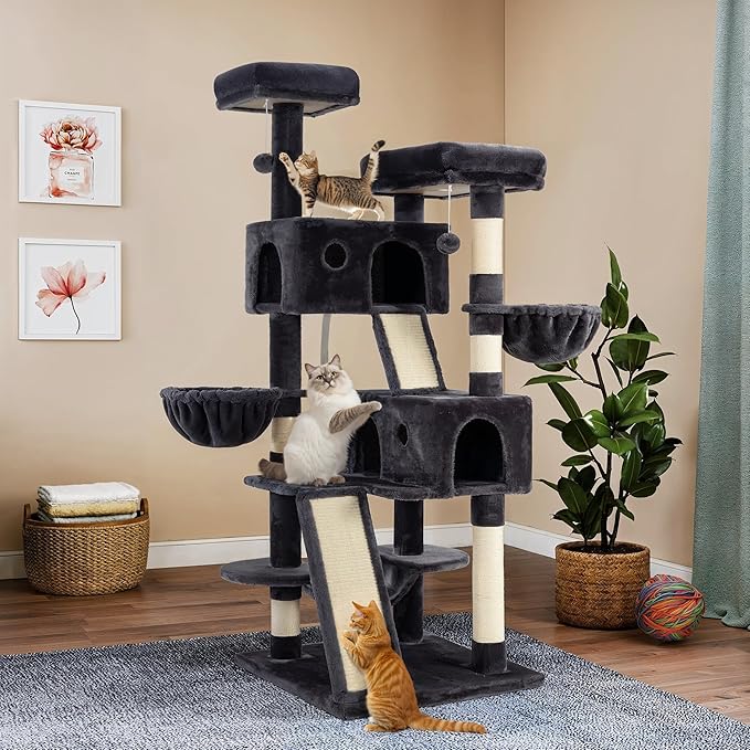 WEEWAY Cat Tree Tower for Indoor Cats,65'' Multi-Level Cat Furniture Activity Center,Stand House Condo Cave,Sisal Scratching Posts Ramps,Plush Perches Platforms Basket Hammock, Dark Grey