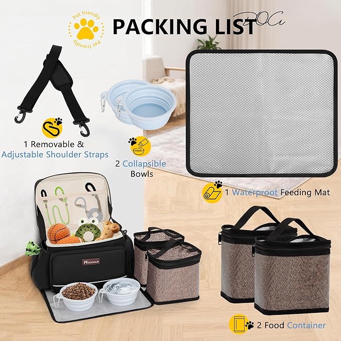Modoker Dog Travel Bag Airline Approved Pet Cat Tote Organizer for Weekend Trips, 2 Bowls, 2 Food Containers & Feeding Mat