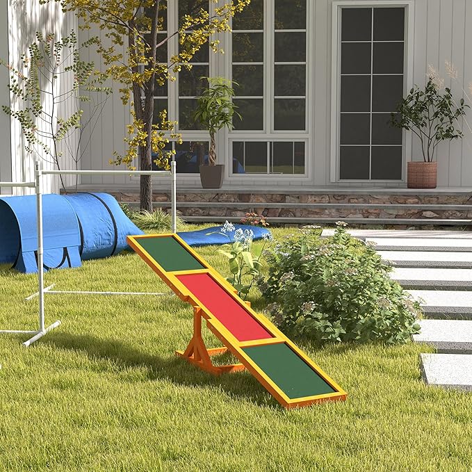 PawHut Wooden Dog Agility Seesaw for Training and Exercise, Platform Equipment Run Game Toy, Weather Resistant Pet Supplies, 71" L x 12" W x 12" H, Natural