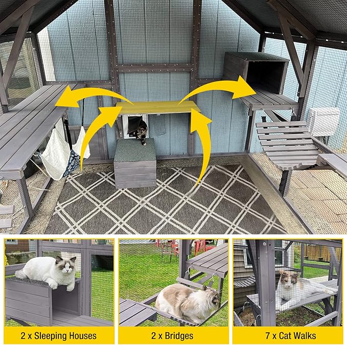 Aivituvin Extra Large Catio Outdoor Cat Enclosure Window Design for 10-20 Cats, 74"H Walk-In Patio Cat House with 4 Access Doors, Waterproof Roof, Spacious Kitty Cage for Multiple Indoor Outdoor Cats