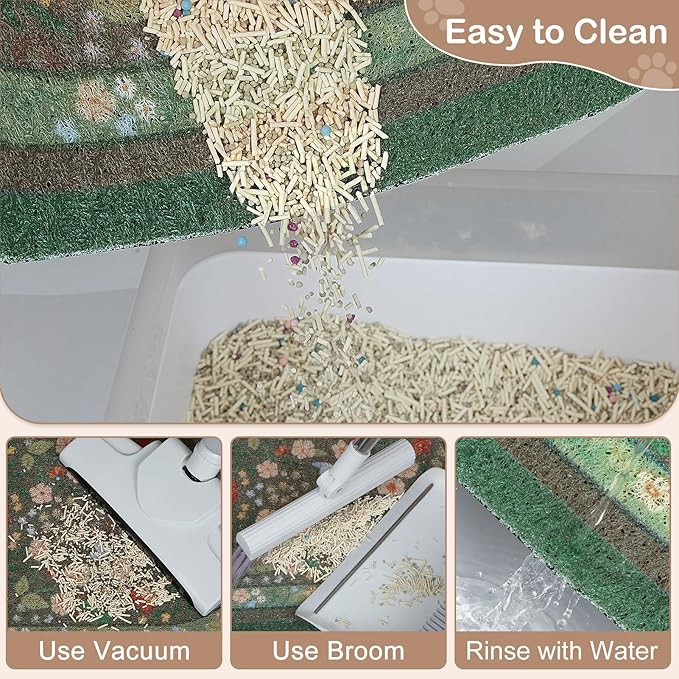 Bienbee Cat Litter Mat, 33" x 22" Large Size Litter Box Mat Rug with Non-Slip Bottom,Urine and Water Proof, Easy to Clean Cat Supplies Essentials for Indoor Kitty Kitten Floor,Green Flowers L