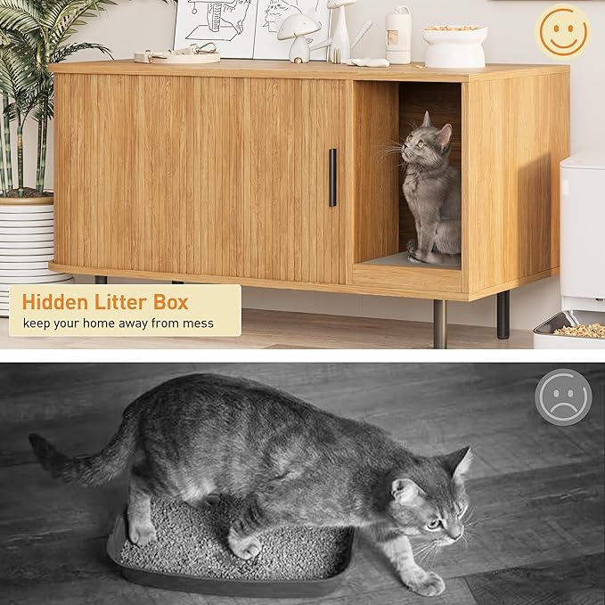 Cat Litter Box Enclosure with Cat Scratch Pad, Sliding Door, 37.4" Litter Box Enclosure Furniture Hidden Litter Box, Modern Indoor Cat House, TV Stand, Side End Table for Living Room, Natural
