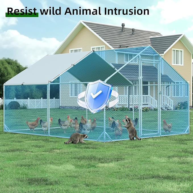 4ever2buy Large Metal Chicken Coop with Run Walk-in Poultry Cage Chicken Runs House Pen Cage Spire Roofed Chicken Coops with Anti-Ultraviolet Cover for Outdoor Yard Farm Use 9.8’L x 13.1’W x 6.4’H