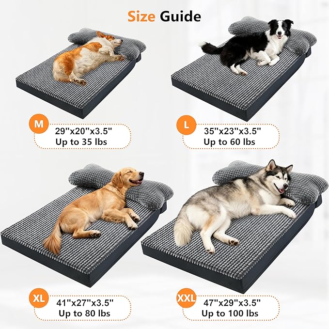 KISYYO Orthopedic XL Dog Beds for Extra Large Dogs with Removable Washable Cover and Removable Pillow for Crate,Waterproof Extra Large Dogs Mat, Grey, 41x27