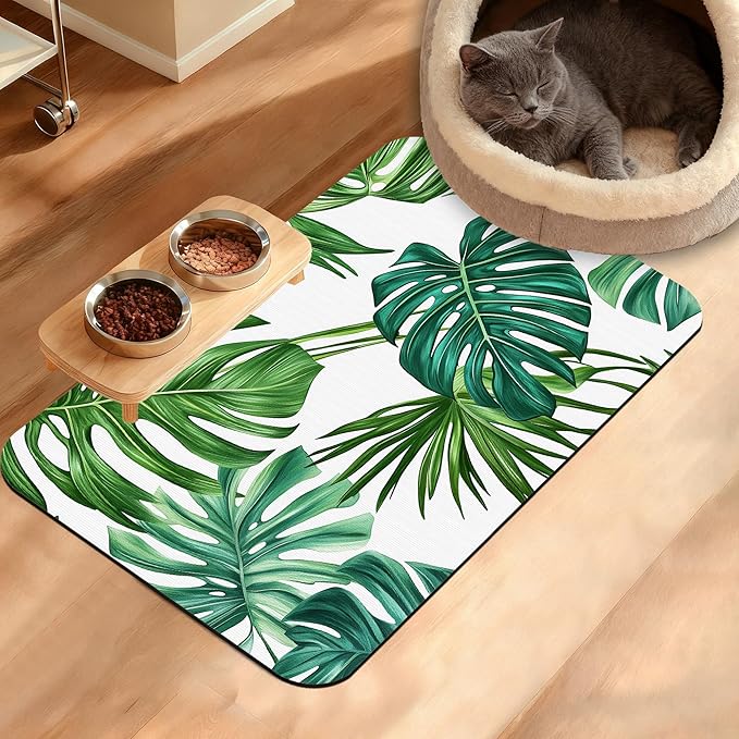 Dog Bowl Mat,Leaves Pet Feeding Mat for Floors Waterproof,Tropical Palm Absorbent Dogs Placemat for Food and Water Quick Dry Pet Cat Feeding Mats with Non Slip Bottom 16" x 24"