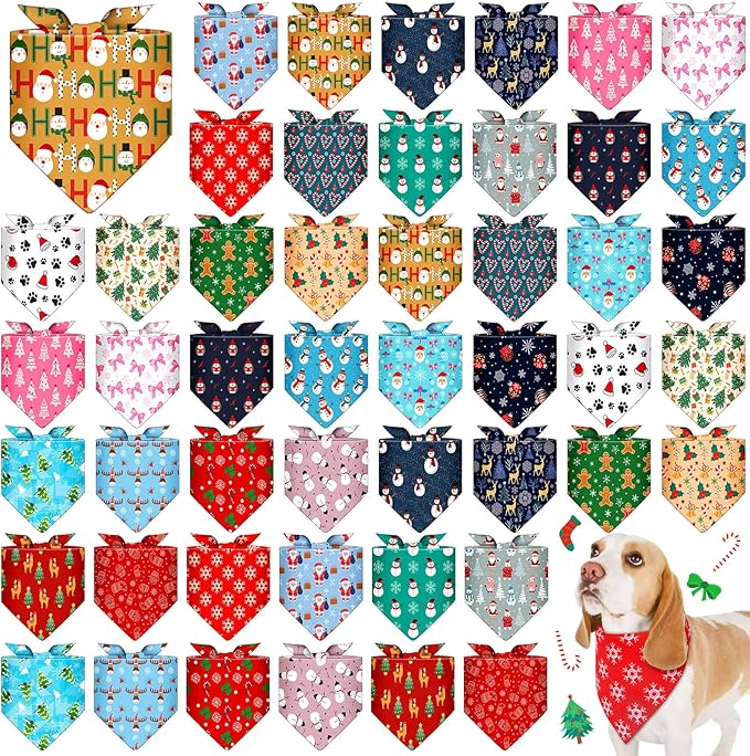 Sanwuta 48 Pcs Christmas Dog Bandanas Bulk Xmas Dog Bandanas Adjustable Snowman Santa Elk Colorful Scarf Handkerchief Bib Accessories for Small Medium Large Breeds Pet Costume Accessories