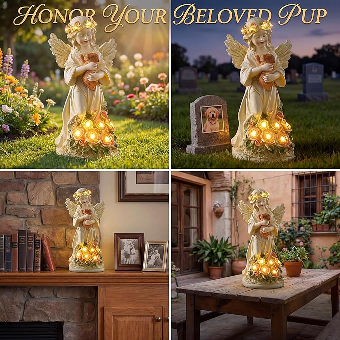 Chunful Solar Angel Dog Memorial Statue 10" Resin Pet Memorial Gift for Loss of Dog, Waterproof Outdoor Garden Cemetery Decor, LED Night Light Sympathy Gift for Women Mom Grandma