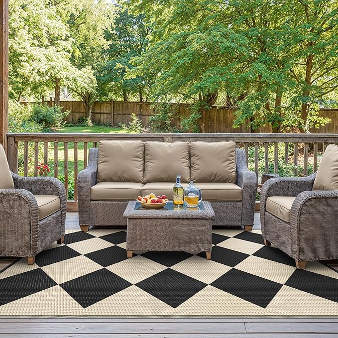 GENIMO Outdoor Rug for Patio Clearance, 6'x9' Reversible Geometric Plastic Straw Rugs, Lightweight Waterproof RV Camping Mat for Camper, Balcony, Deck, Backyard, Picnic, Black Beige