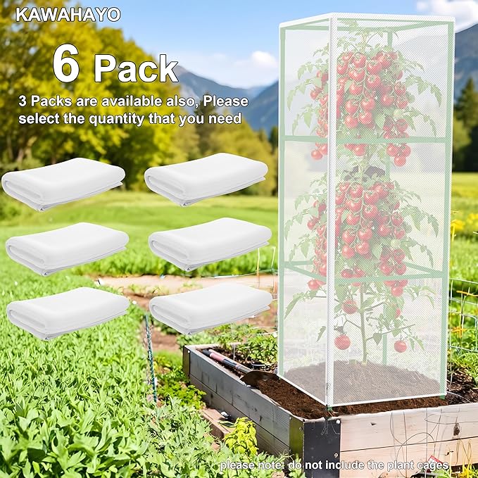 Garden Bird Netting Plant Cover for Square Tomato Cage, 59" x 17.7" Insect Barrier Tomato Cage Net with Zipper and Drawstring, Tomato Trellis Netting Protection Cover for Protecting Plant (6 Pack)