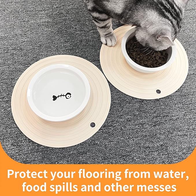 Ptlom Silicone Pet Food Mat for Dogs and Cats Placemat 2Pcs, Waterproof Non-Slip Feeding Bowl Mats Prevent Food and Water Overflow, Silicone Puppy Mat Suitable for Small Medium Pets, Beige, 9.5Inch