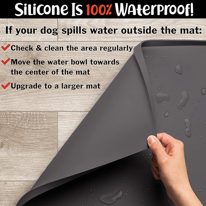 DogBuddy Dog Food Mat – Waterproof Dog Bowl Mat for Food and Water, Silicone Pet Feeding Mats for Floors, Non-Slip Placemat with High Edges for Dogs Bowls, Puppy Essentials (Small: 19"x12", Shadow)