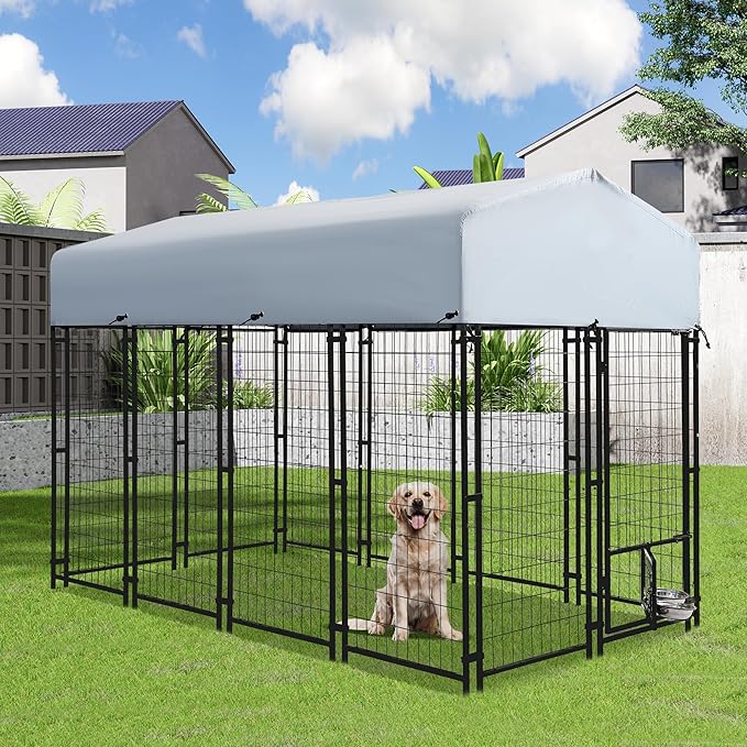 8x4x6 FT Outside Large Dog Kennel with roof - Outdoor Heavy Duty Welded Wire Steel Dog Playpen with Rotating Bowls, Dog Run Enclosure Crate Cage with Lockable Doors for Chicken, Rabbit