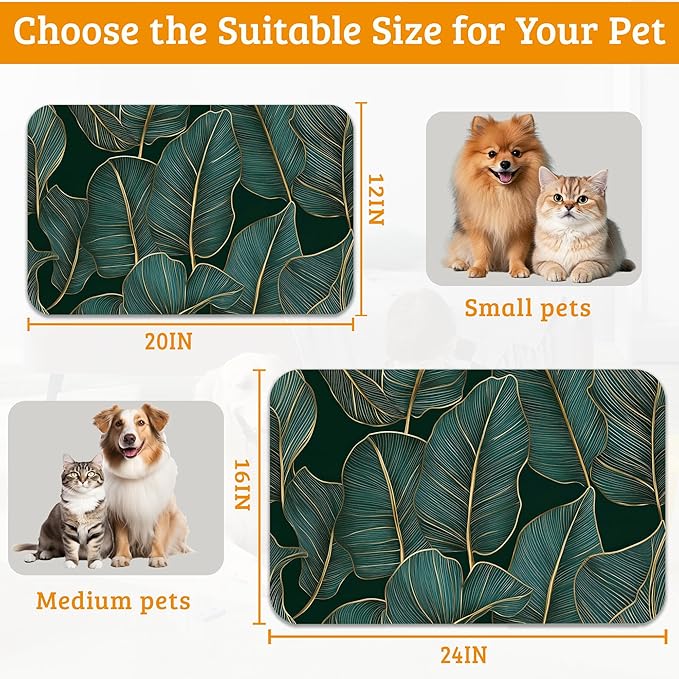 Tropical Palm Feeding Mat,Green Leaves Absorbent Quick-Dry Cat Dog Food and Water Bowl Mats,Non-Slip Rubber Backing Mat,Cat Dog Accessories Supplies 12" x 20"