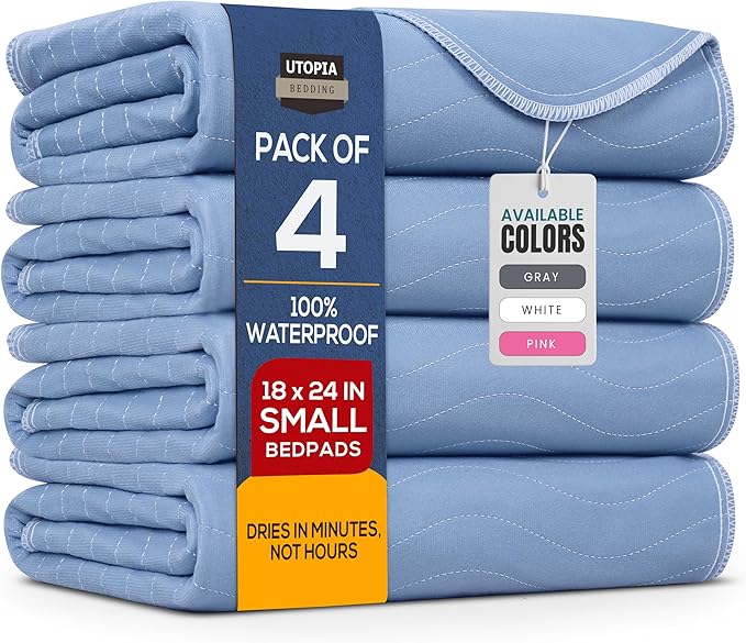 Utopia Bedding Washable Underpads 18" x 24" (Pack of 4), Waterproof Reusable Heavy Absorbency Incontinence Bed Pads for Adults, Kids, Elderly and Pets, Bedwetting Pads for Sofa and Couch (Blue)