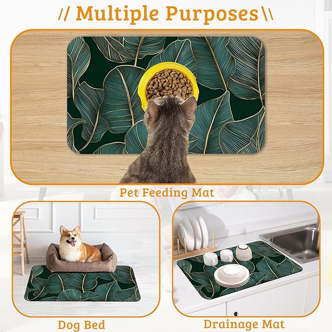 Tropical Palm Feeding Mat,Green Leaves Absorbent Quick-Dry Cat Dog Food and Water Bowl Mats,Non-Slip Rubber Backing Mat,Cat Dog Accessories Supplies 12" x 20"
