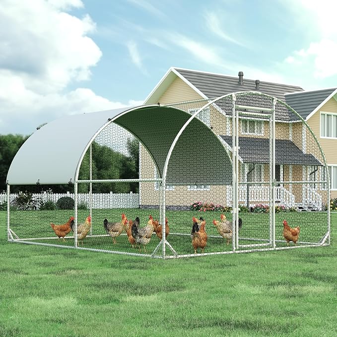 Large Metal Chicken Coop, Walk-in Chicken Run with Reinforced Wire Mesh and Anti-UV Cover, Dome Roofed Poultry Cage for Hens, Ducks and Rabbits, Outdoor Backyard Farm Pen, 9.5'W x 12.9'L x 6.3'H
