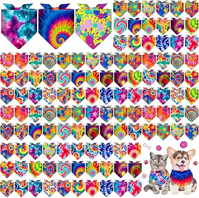 Sanwuta 120 Pcs Rainbow Tie Dye Dog Bandanas for Dogs Bulk Summer Triangle Dog Bandana for Grooming Washable Pet Scarves Adjustable Bibs Small and Medium Pets, 30 Styles
