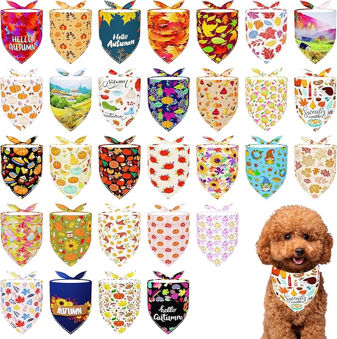 30 Pcs Fall Dog Bandanas Bulk for Small Dogs 18 Inch Stitch Edge Dog Bandanas Autumn Scarves for Puppy Cats Breed Grooming S