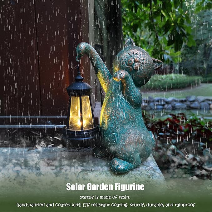 Cat Garden Statue Outdoor Décor with Solar Lights Lantern,Cat Solar Light Figurines Outside Decorations for Yard，Lawn Patio, Balcony, Unique Housewarming Gifts